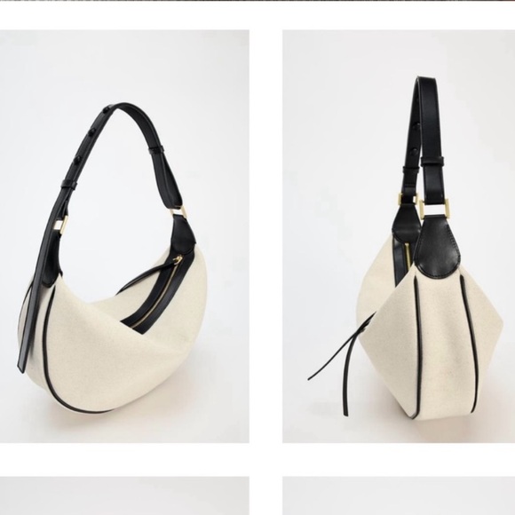 Zara Handbags - Zara linen off white ecru & black trim contrast oval crescent shoulder bag purse